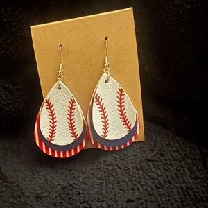 Baseball Stitch Layered Teardrop Earrings - Red, White & Blue